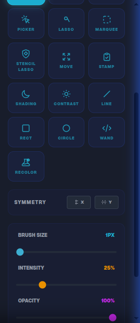 Brush settings panel showing Size, Intensity, and Opacity sliders