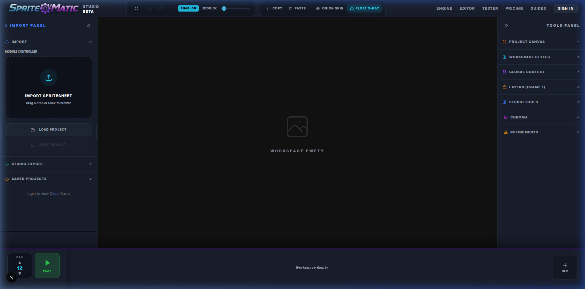 Studio Editor interface overview with empty workspace and side panels