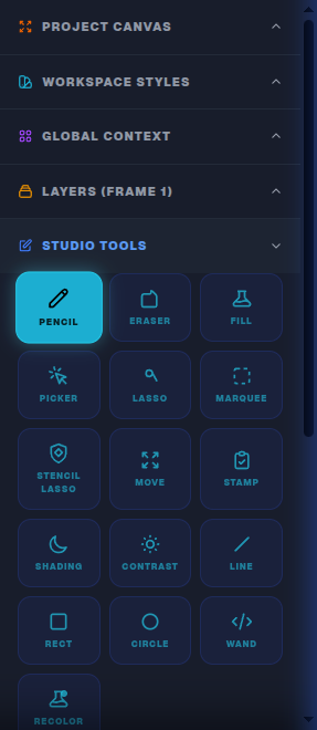Studio Tools grid showing Pencil, Eraser, Fill, Lasso, Stencil Lasso, and Recolor buttons