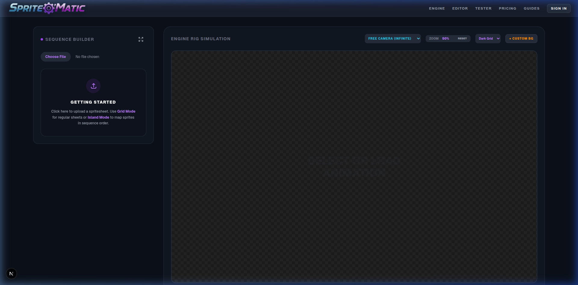 Sprite Tester overview – Sequence Builder panel and Engine Rig Simulation viewport